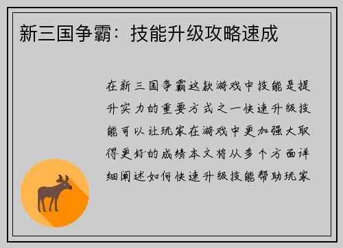 新三国争霸：技能升级攻略速成